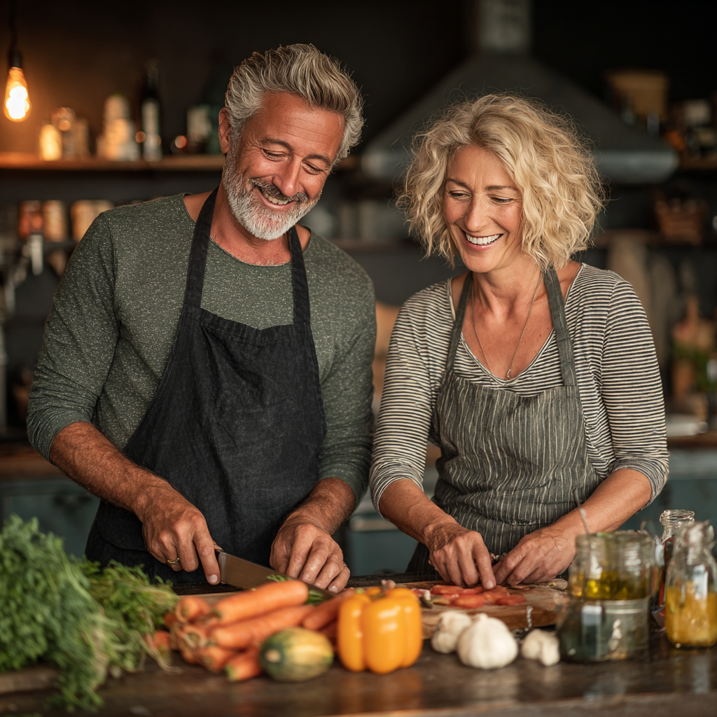 Happy middle-aged couple in their 50s cooking together in a modern kitchen, smiling while preparing healthy vegetables