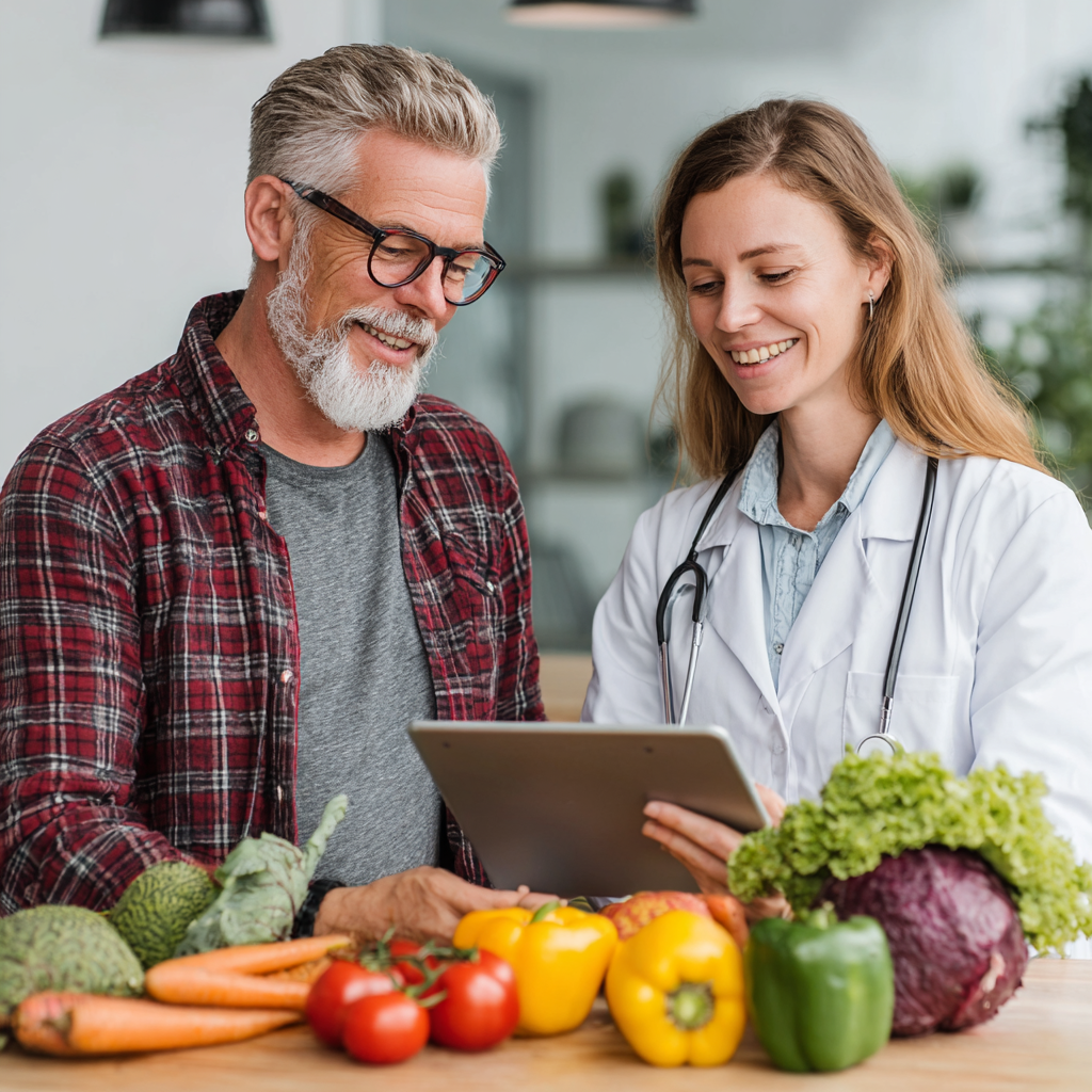 Nutritionist working with a 52-year-old man, reviewing his personalized meal plan on a tablet in a bright consultation room