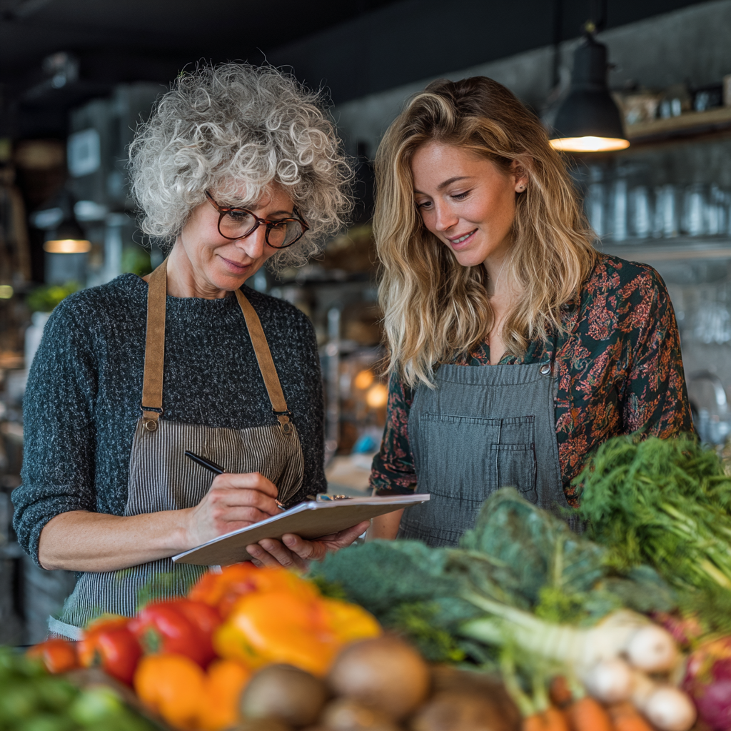 Professional nutritionist consulting with a 45-year-old woman about healthy meal planning in a modern office setting